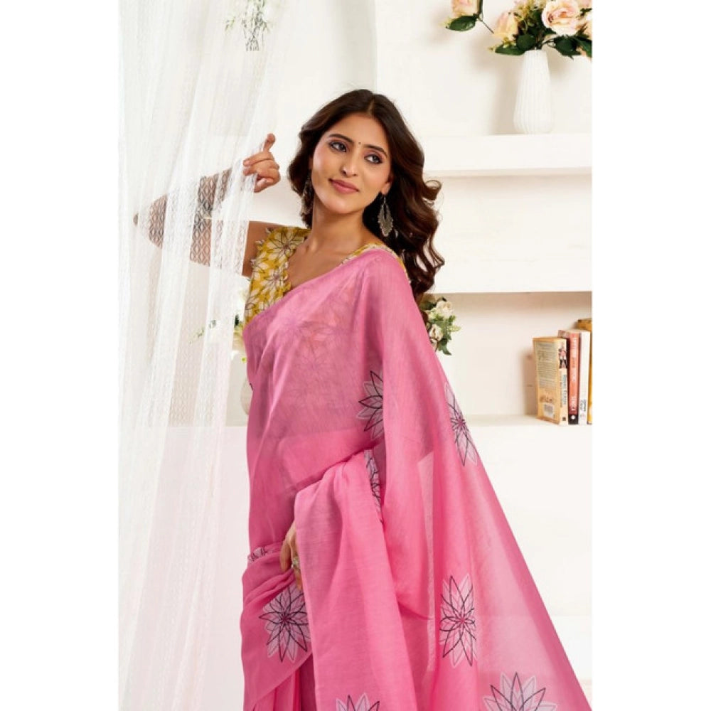 Pink Linen Cotton Printed Wear Saree