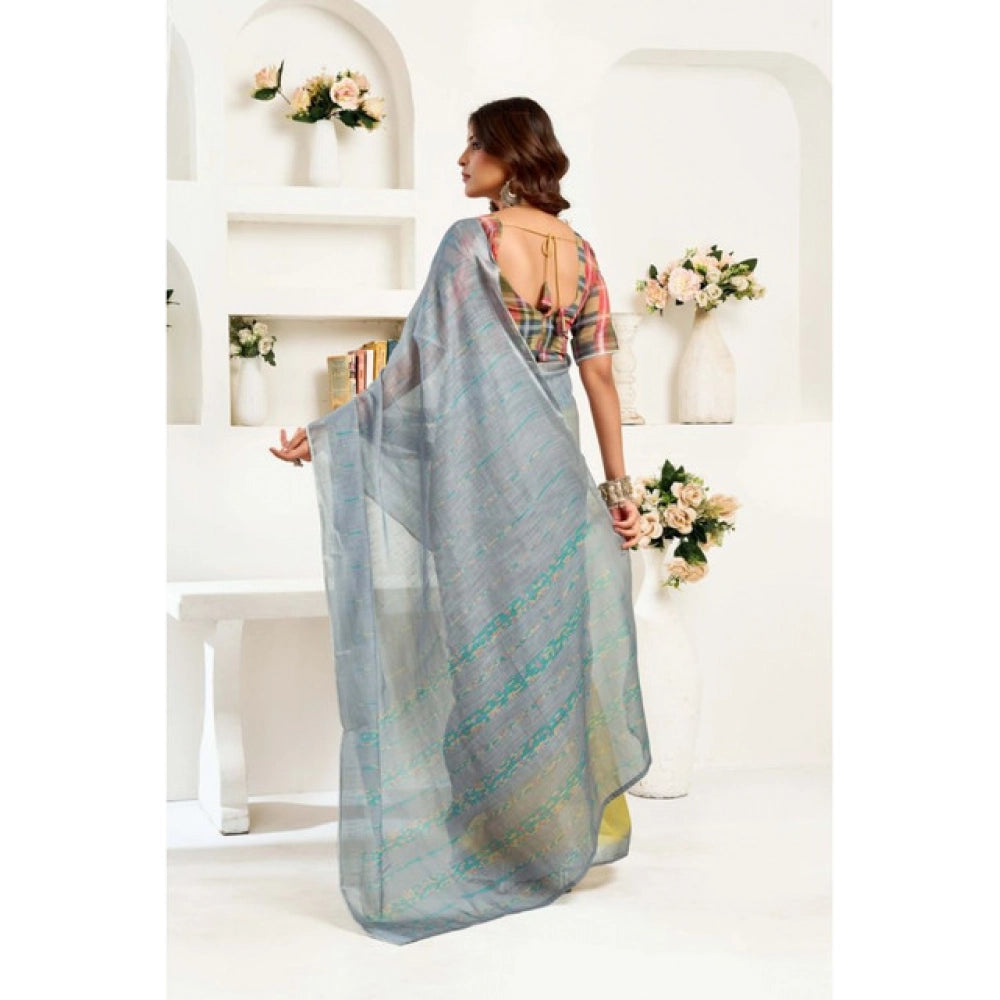 Grey Cotton Printed  Saree