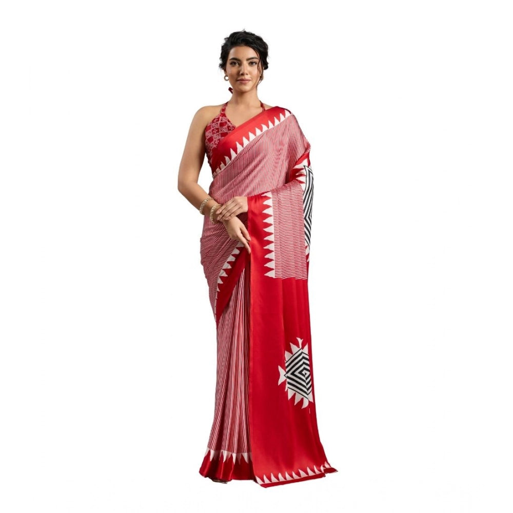 Red Satin Crepe Printed Saree