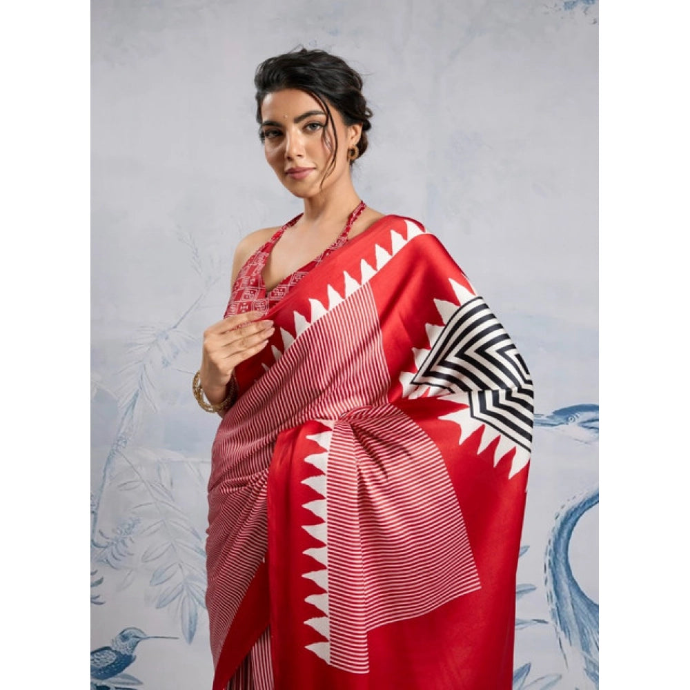 Red Satin Crepe Printed Saree