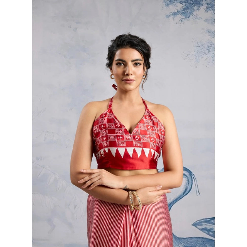 Red Satin Crepe Printed Saree