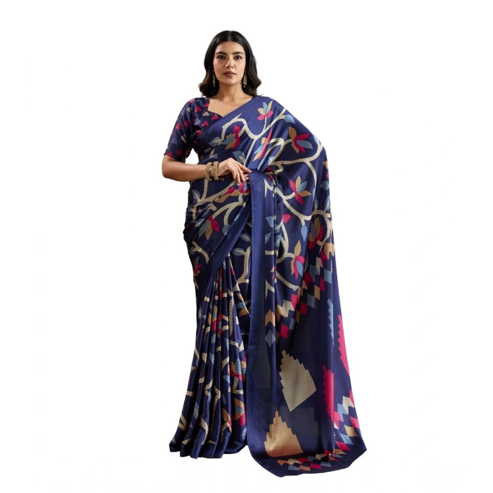 Navy Blue Printed Satin Crepe Saree