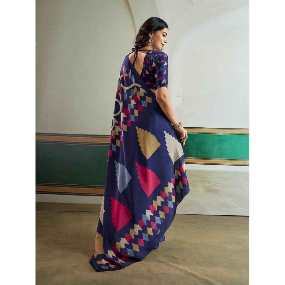 Navy Blue Printed Satin Crepe Saree