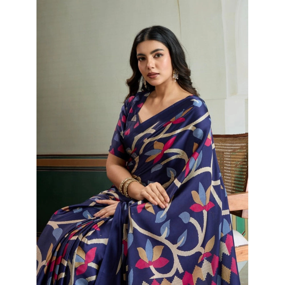 Navy Blue Printed Satin Crepe Saree