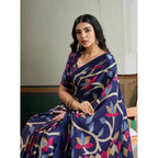 Navy Blue Printed Satin Crepe Saree