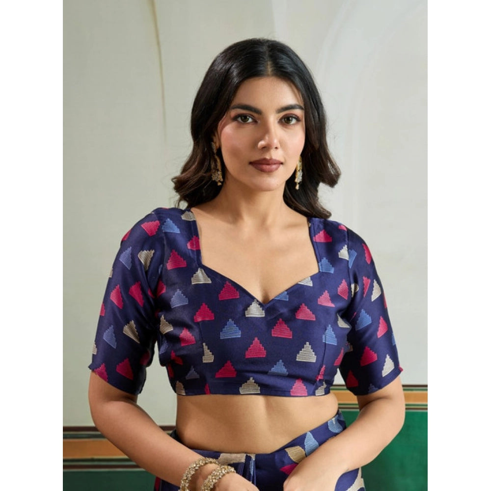 Navy Blue Printed Satin Crepe Saree