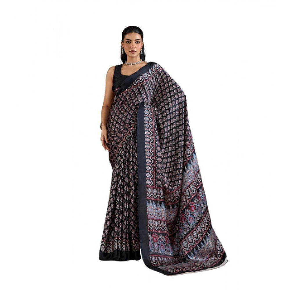 Black Satin Crepe Printed Saree