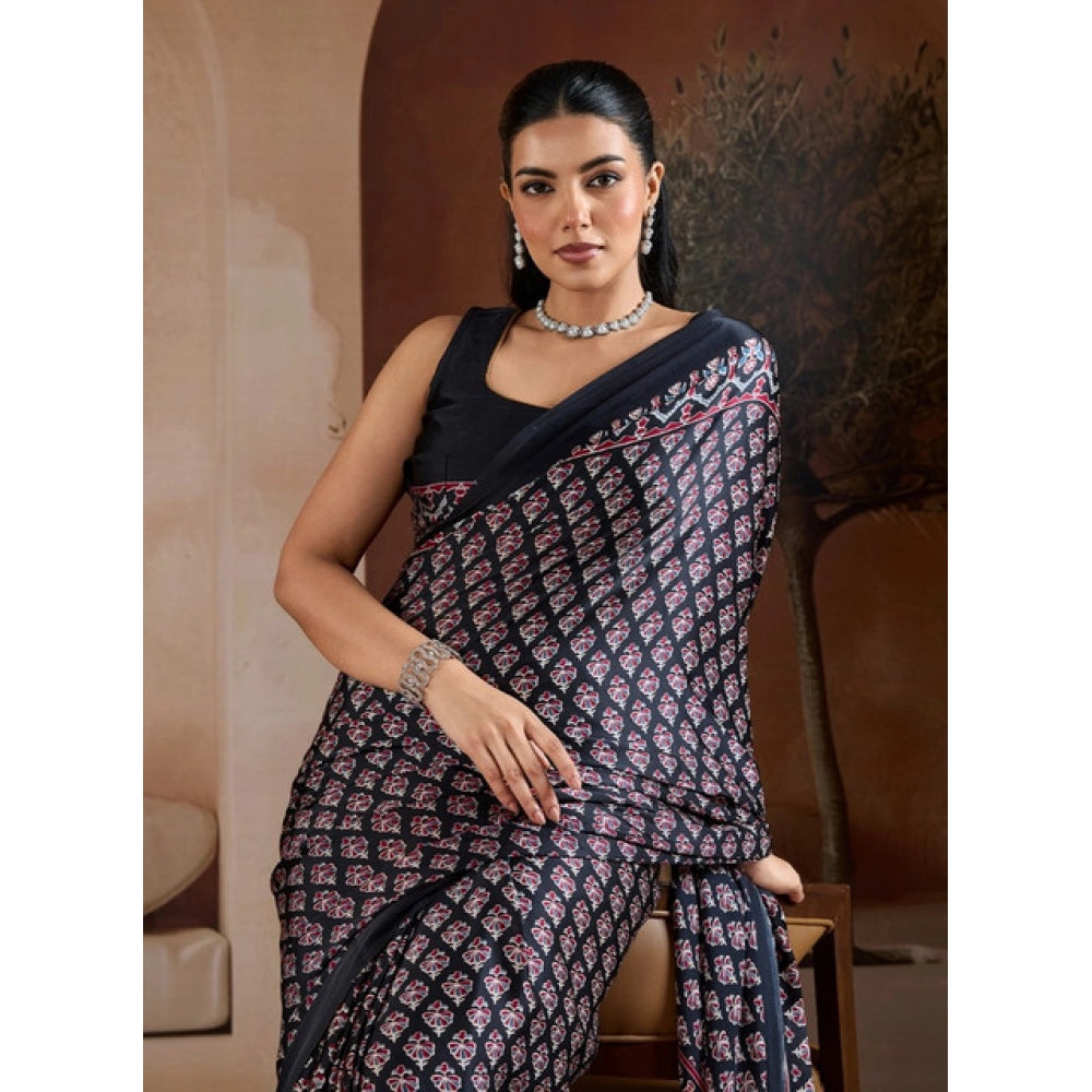 Black Satin Crepe Printed Saree
