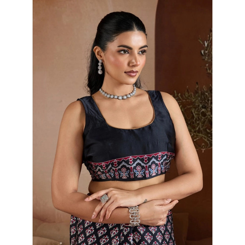 Black Satin Crepe Printed Saree