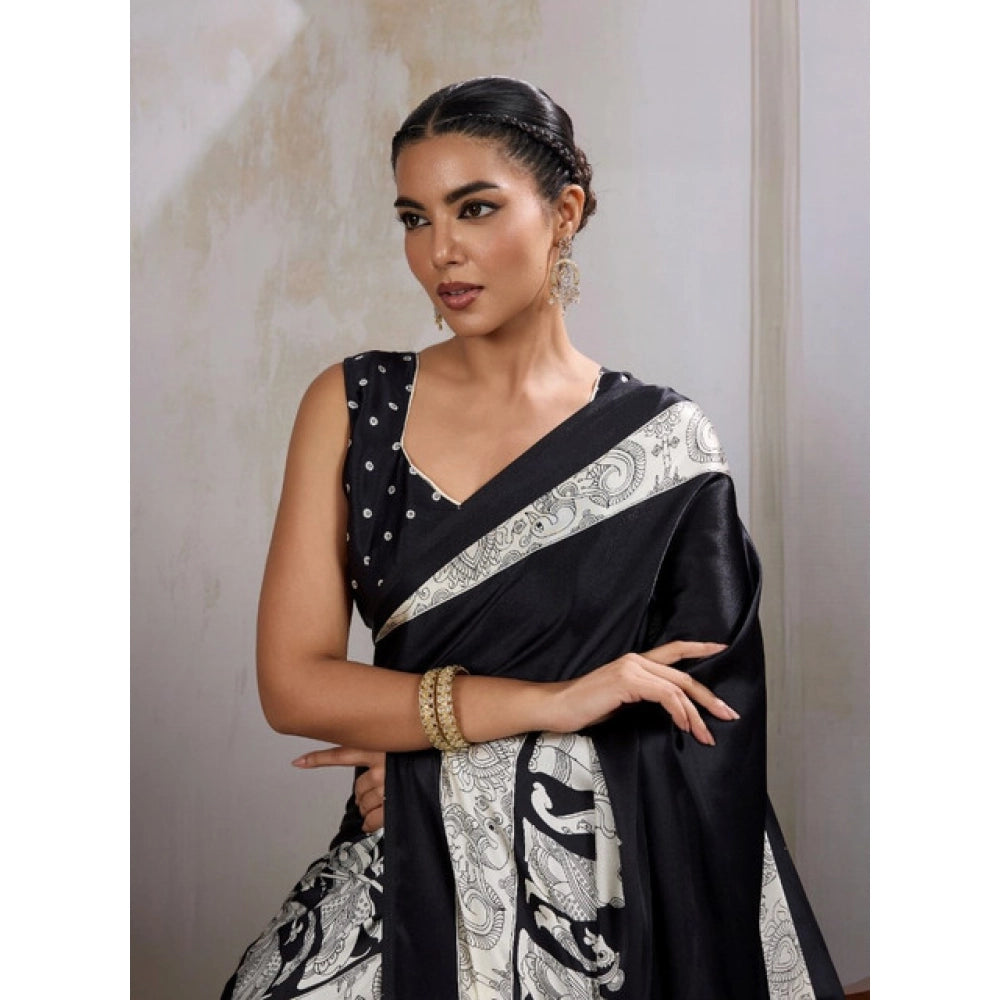 Black Printed Satin Crepe Saree
