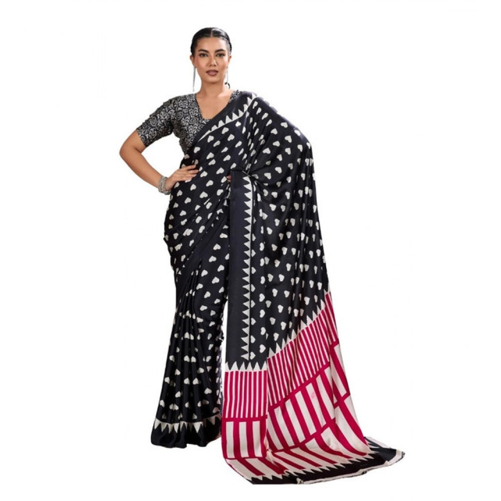 Women Black Satin Crepe Saree