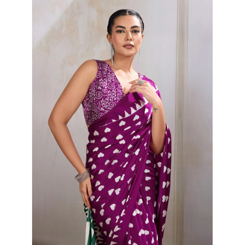 Purple Satin Crepe Printed Saree