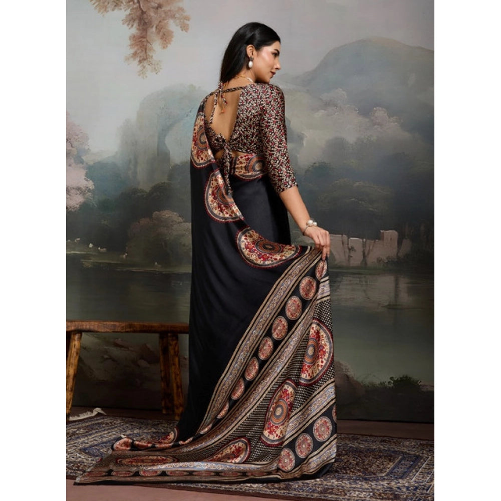 Elegant Black Satin Crepe Saree