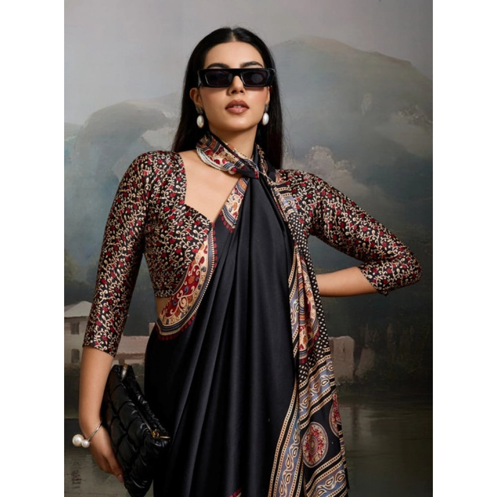 Elegant Black Satin Crepe Saree
