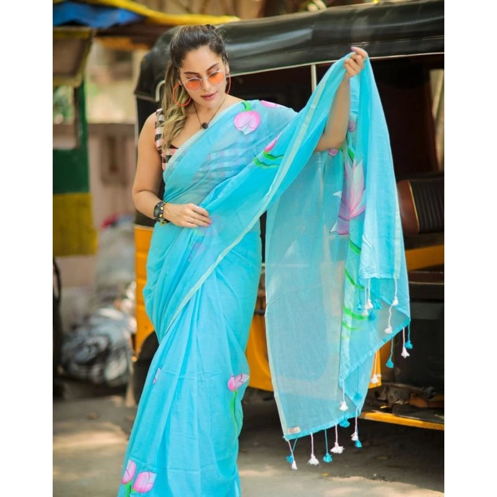 Sky Blue Linen Printed Saree