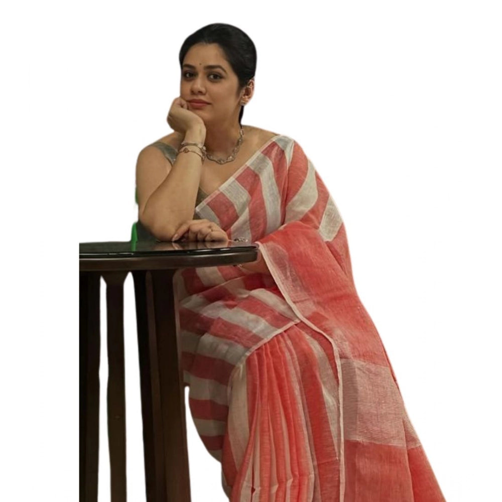 Peach and White Striped Linen Saree