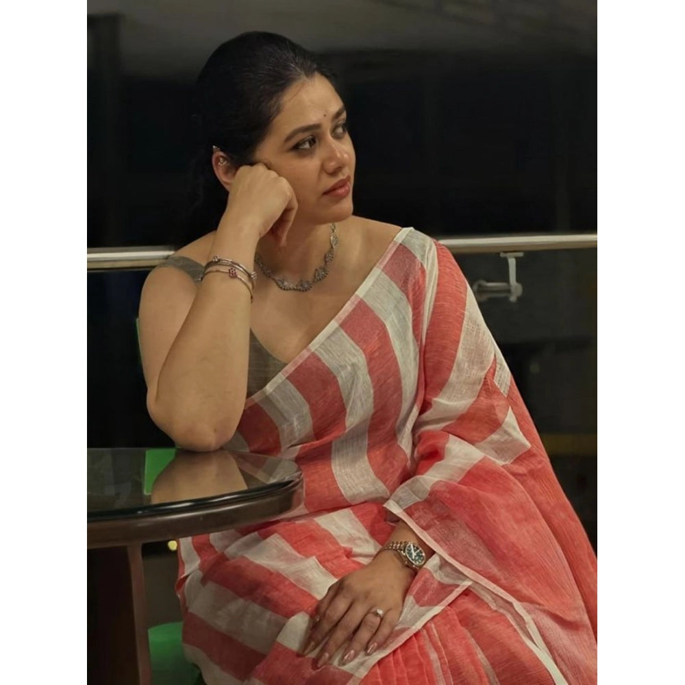 Peach and White Striped Linen Saree