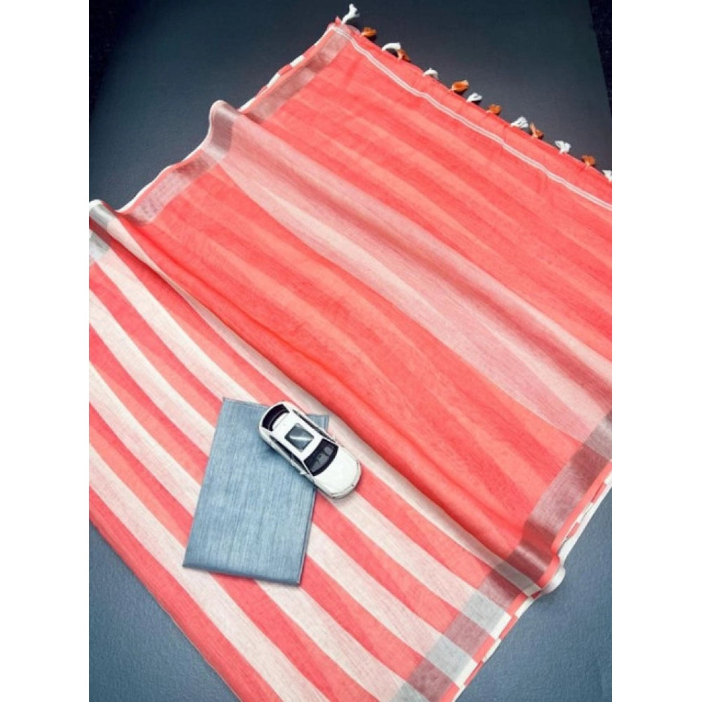 Peach and White Striped Linen Saree