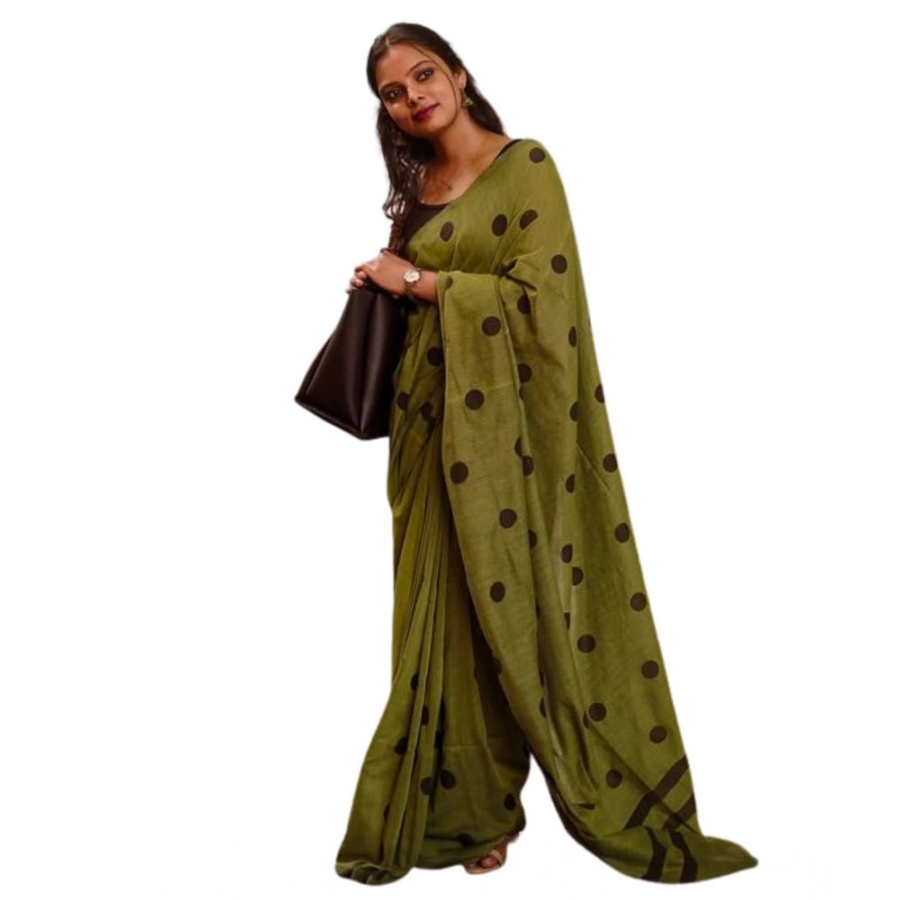 Olive Green Polka Dot Linen Saree