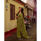 Olive Green Polka Dot Linen Saree