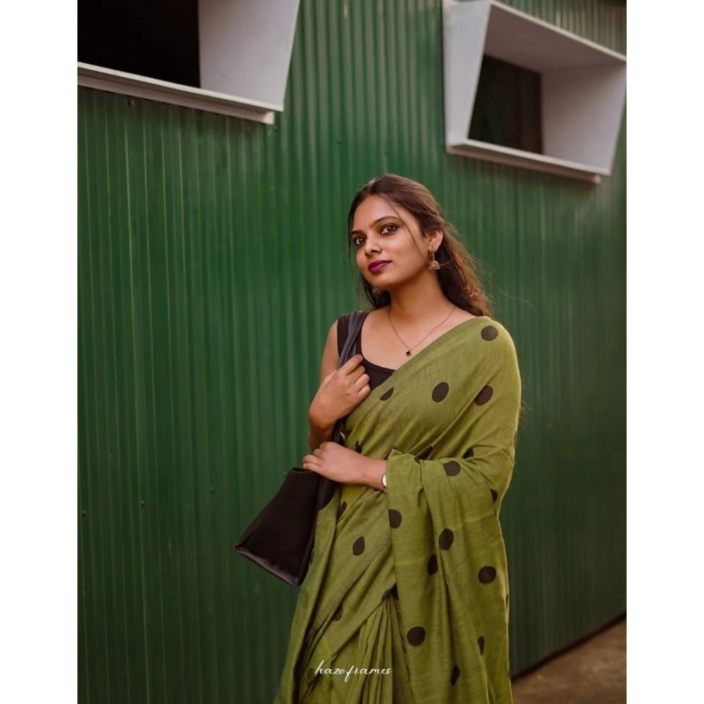 Olive Green Polka Dot Linen Saree