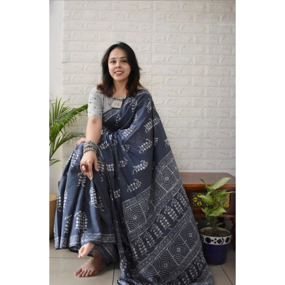 Grey Linen Printed Saree