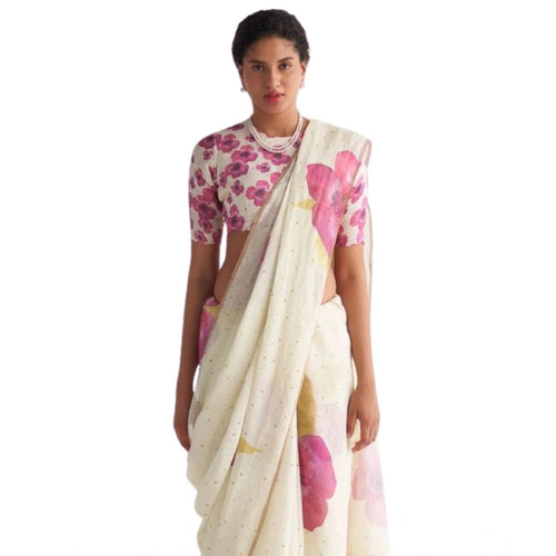 White Floral Linen Saree