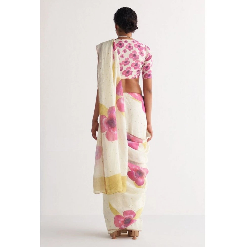 White Floral Linen Saree