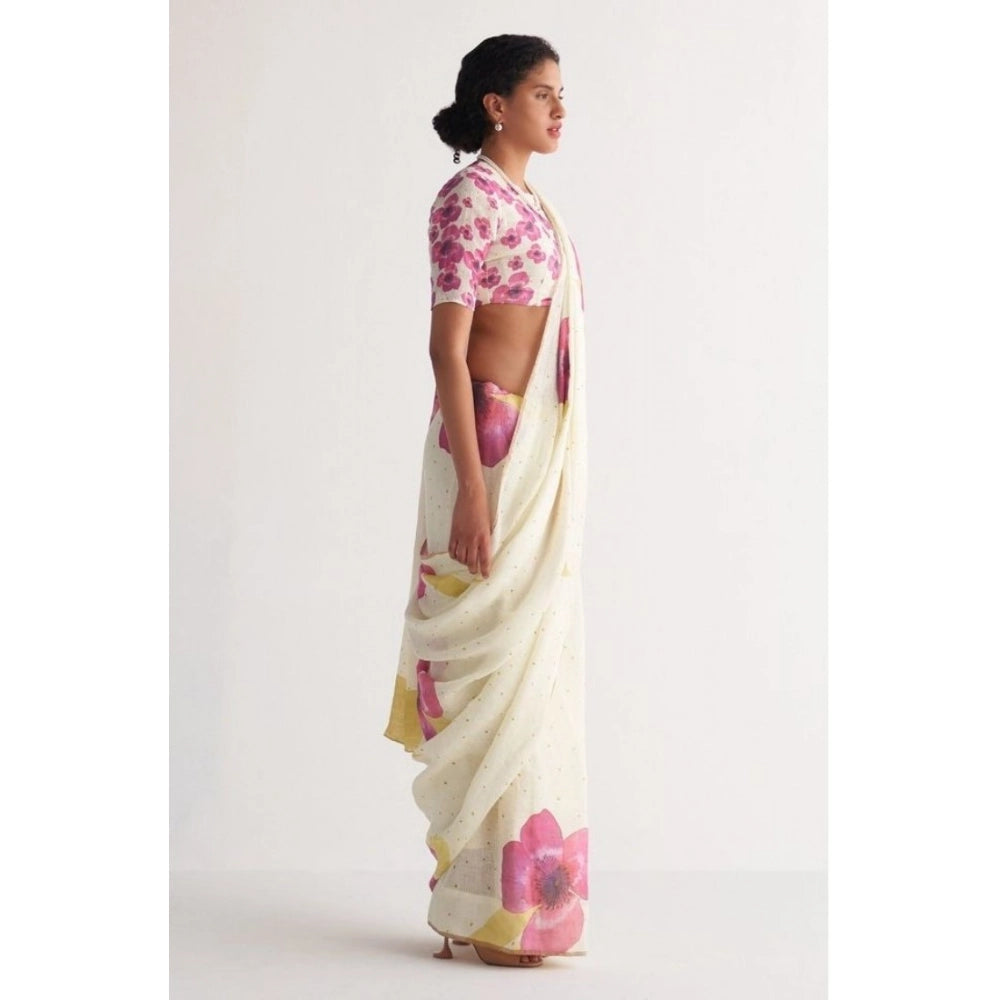 White Floral Linen Saree