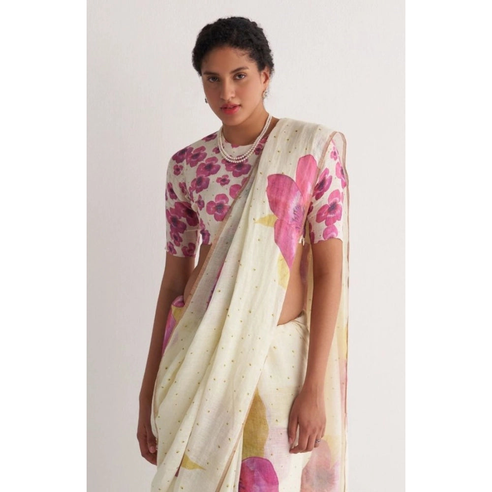 White Floral Linen Saree