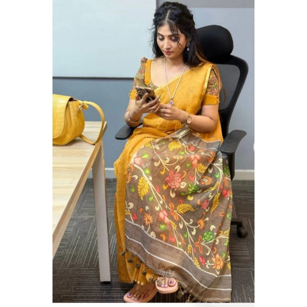 Mustard Yellow Linen Saree