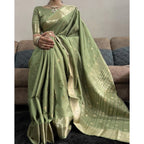 Green Printed Satin Saree