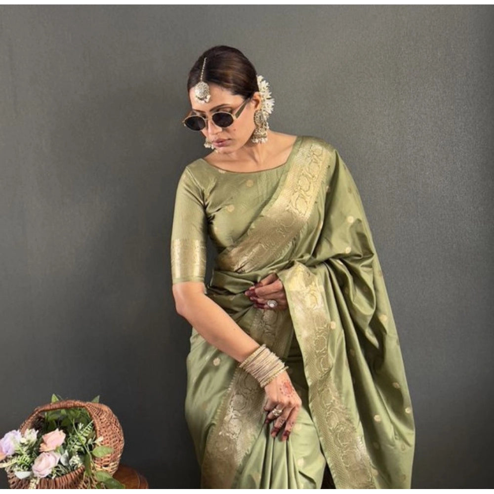 Green Printed Satin Saree