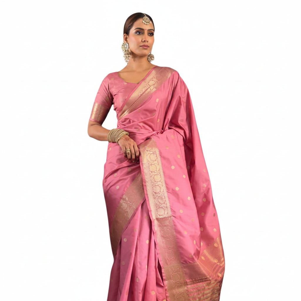 Pink Printed Satin Saree