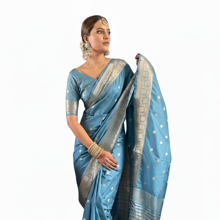 Light Blue Satin Printed Saree
