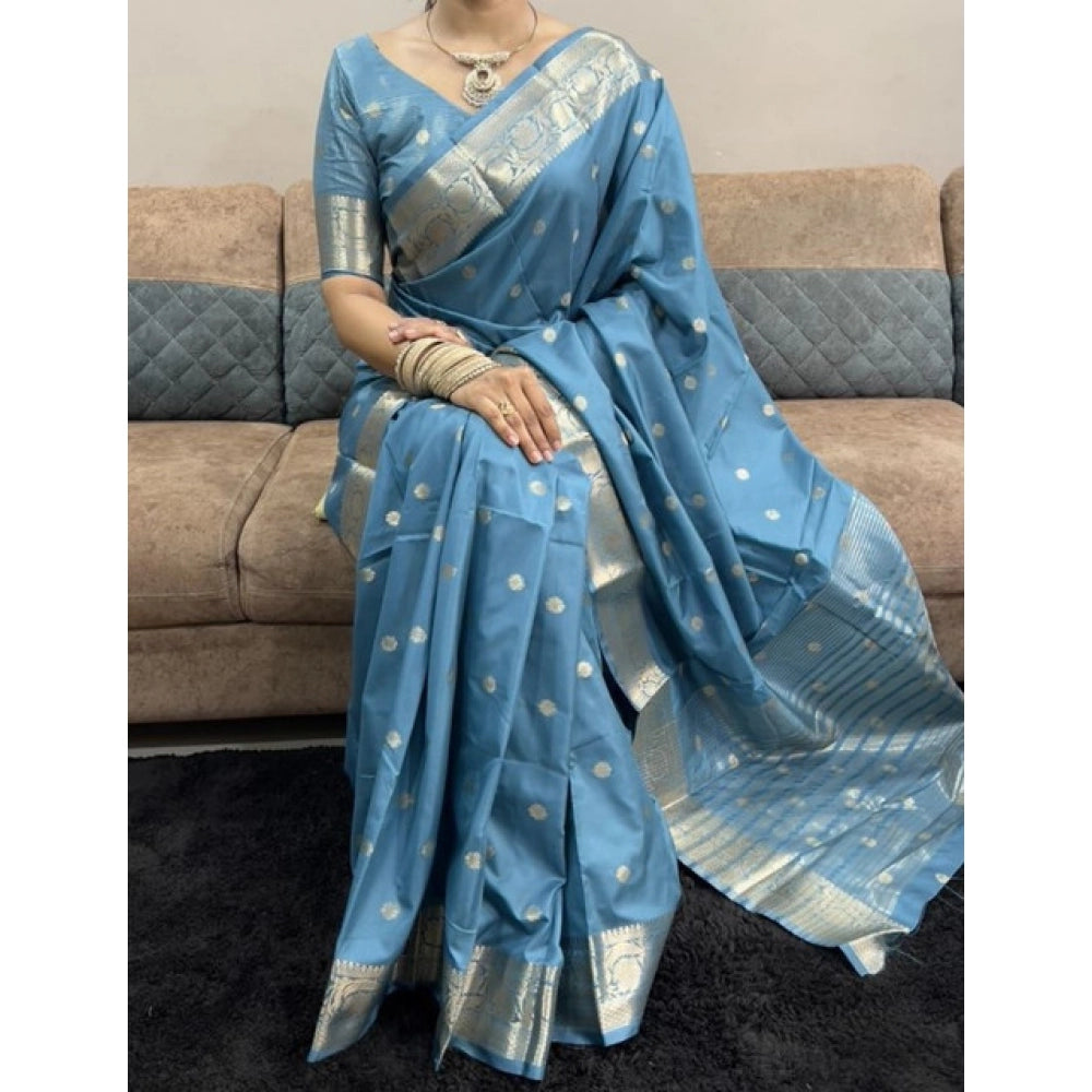 Light Blue Satin Printed Saree