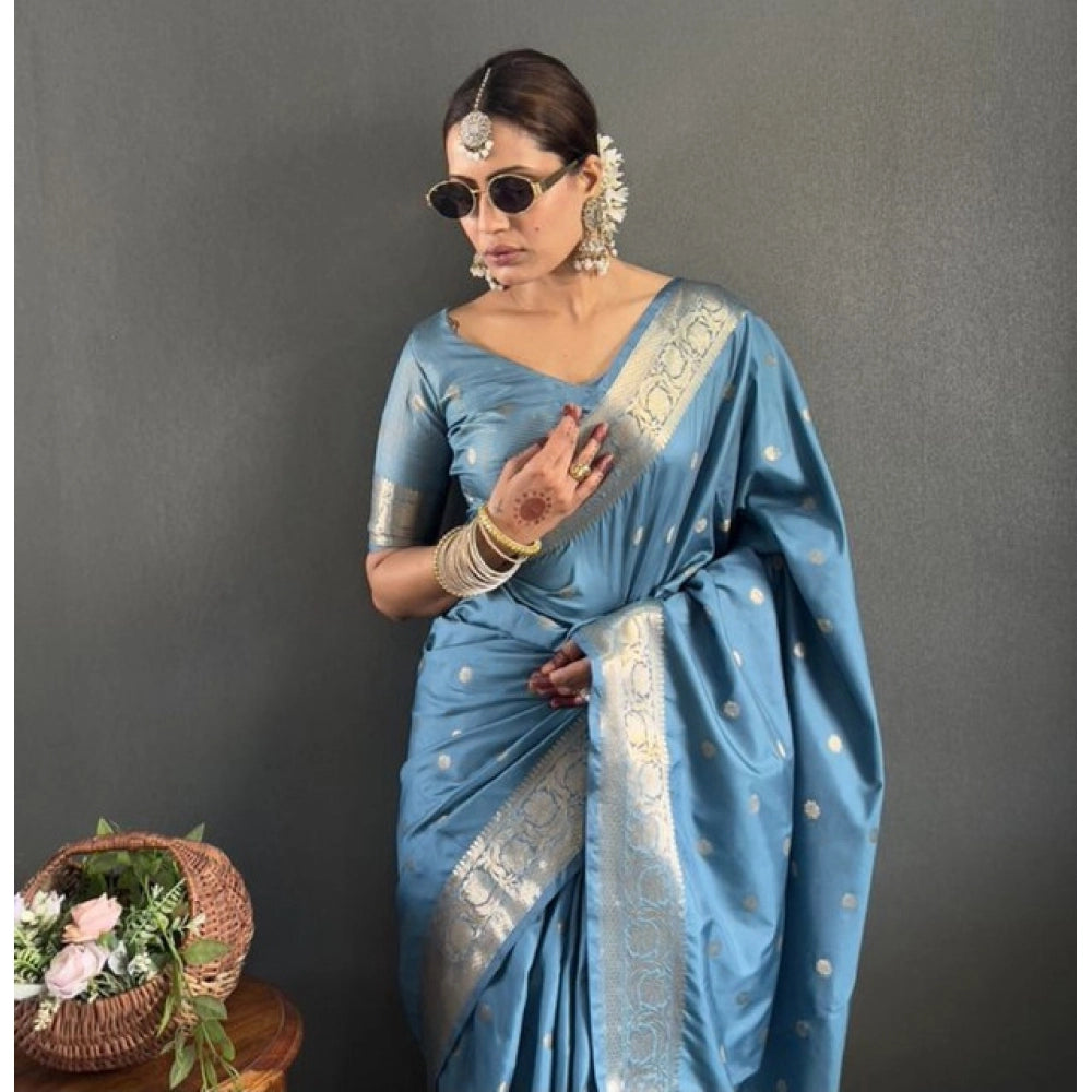 Light Blue Satin Printed Saree