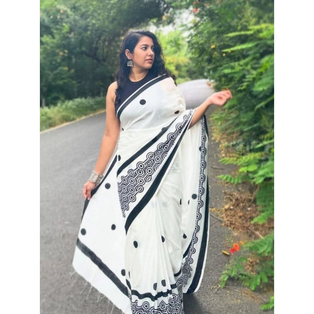 Black &  White Printed Linen Saree