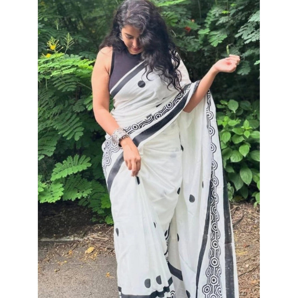 Black &  White Printed Linen Saree