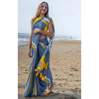 Blue Linen Printed Saree