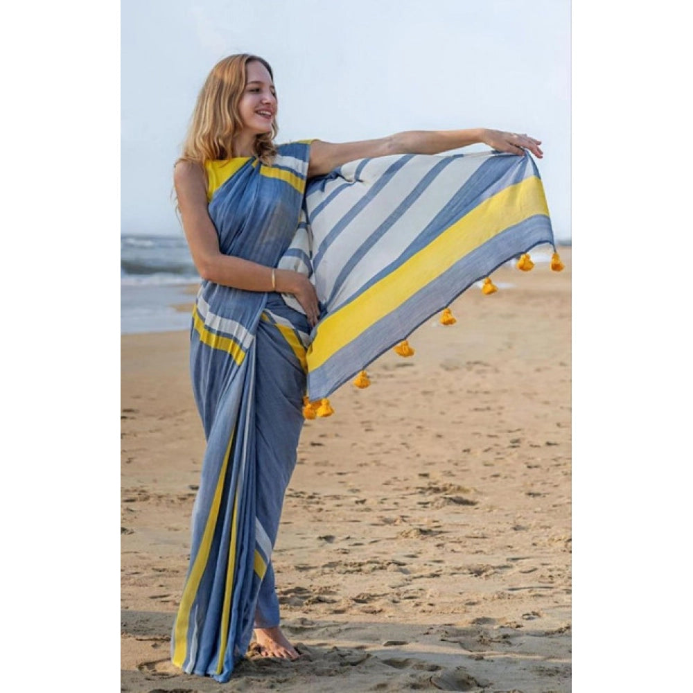Blue Linen Printed Saree