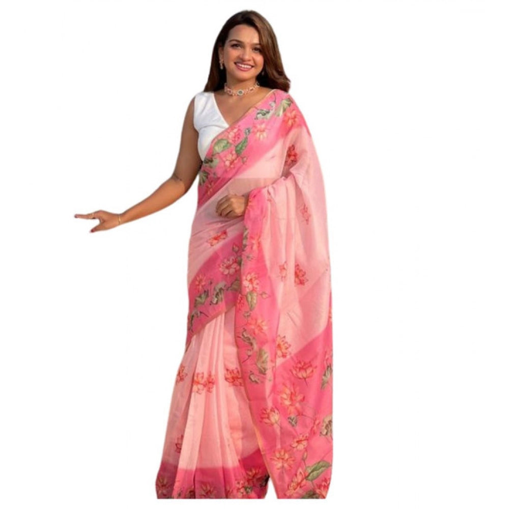 Blush Pink Floral Linen Saree