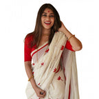 White and Red Lotus Motif Saree