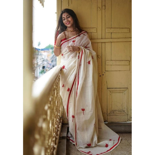 White and Red Lotus Motif Saree