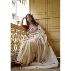 White and Red Lotus Motif Saree