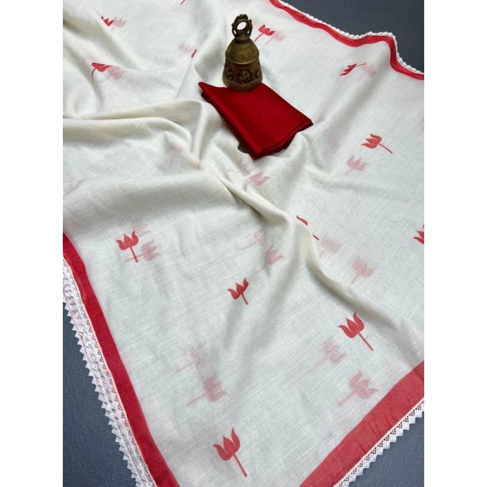 White and Red Lotus Motif Saree