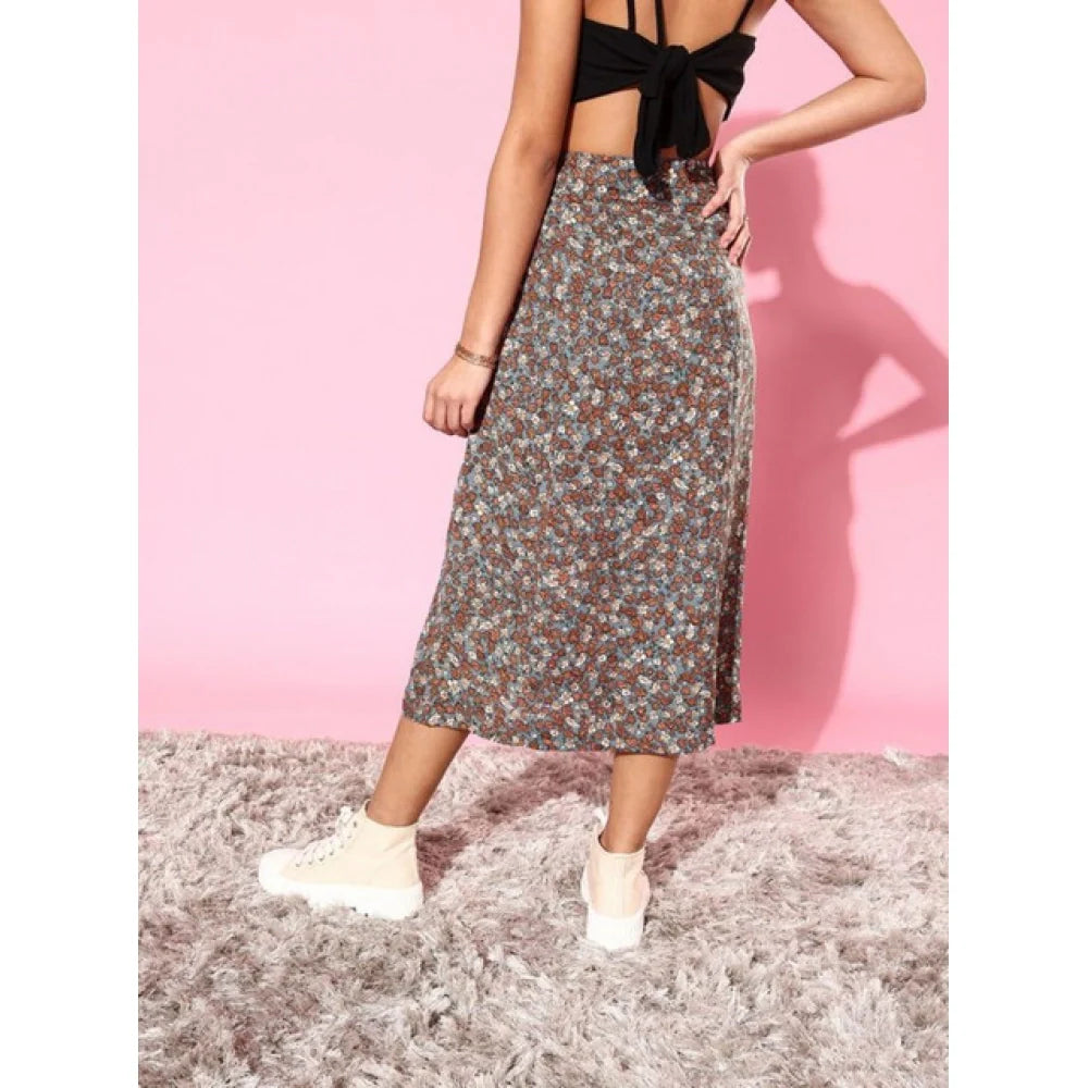 Floral Print Side-Zip Midi Skirt