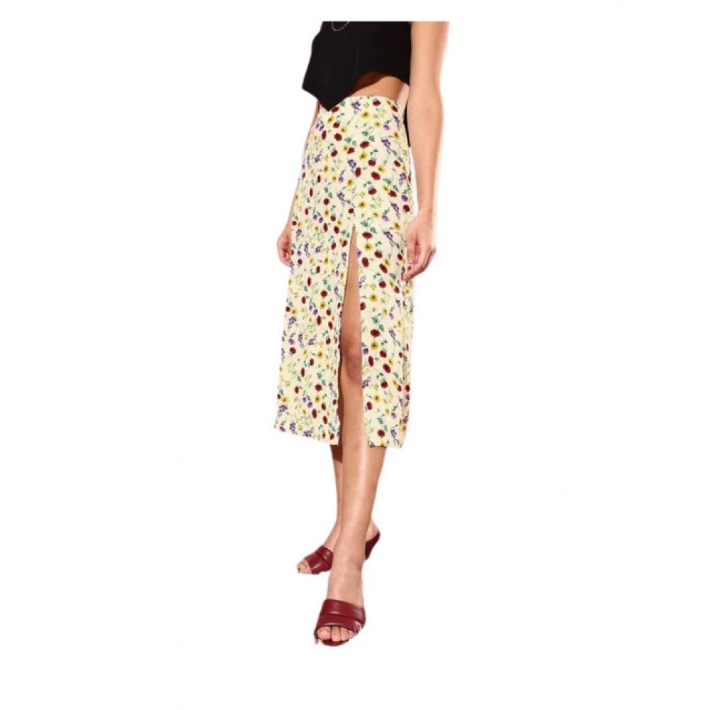 White Floral Print Side-Zip Midi Skirt