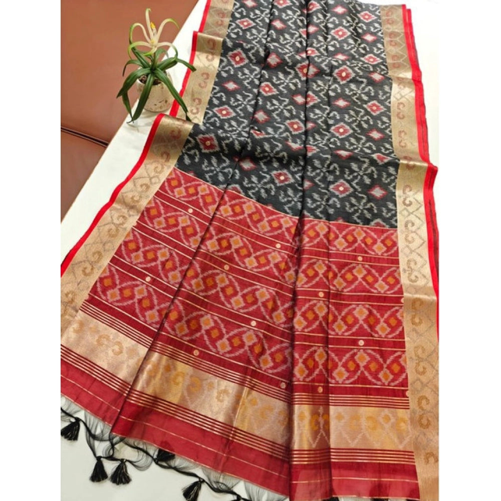 Raw Silk Ikkat Saree (Black)