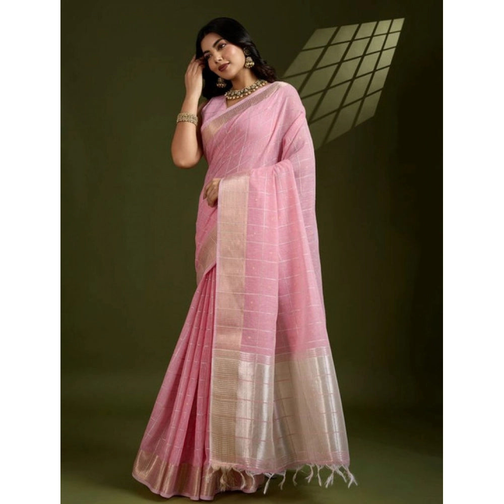 Light Pink Tissue Checks Saree